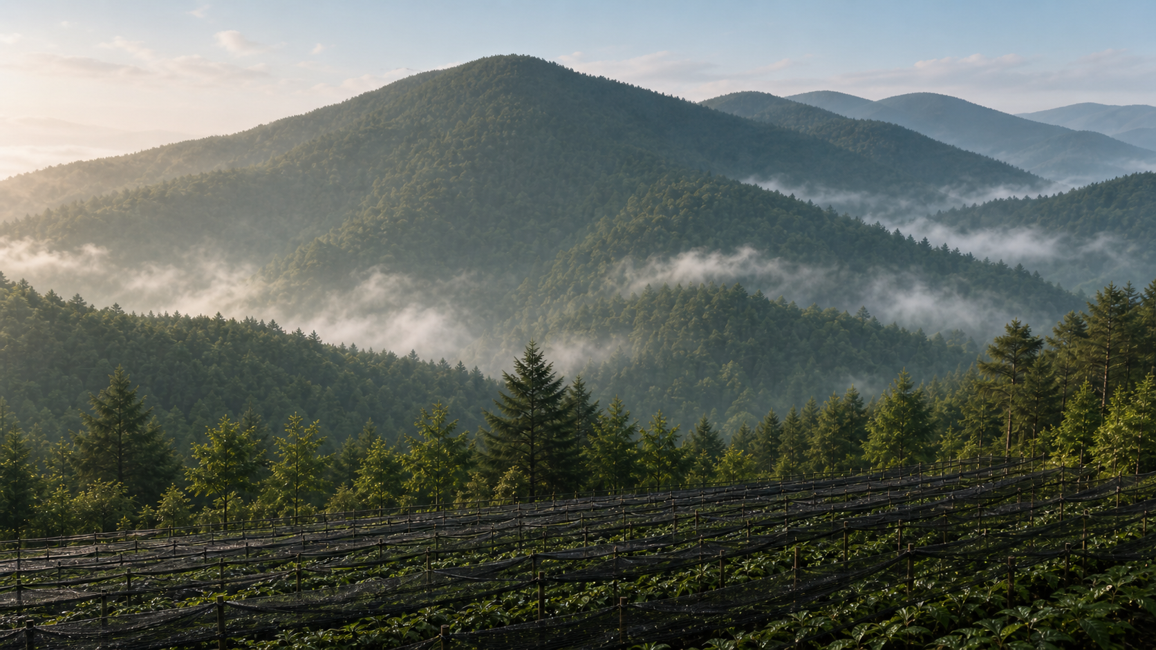 长白山森林山脉与人工种植人参田氛围场景