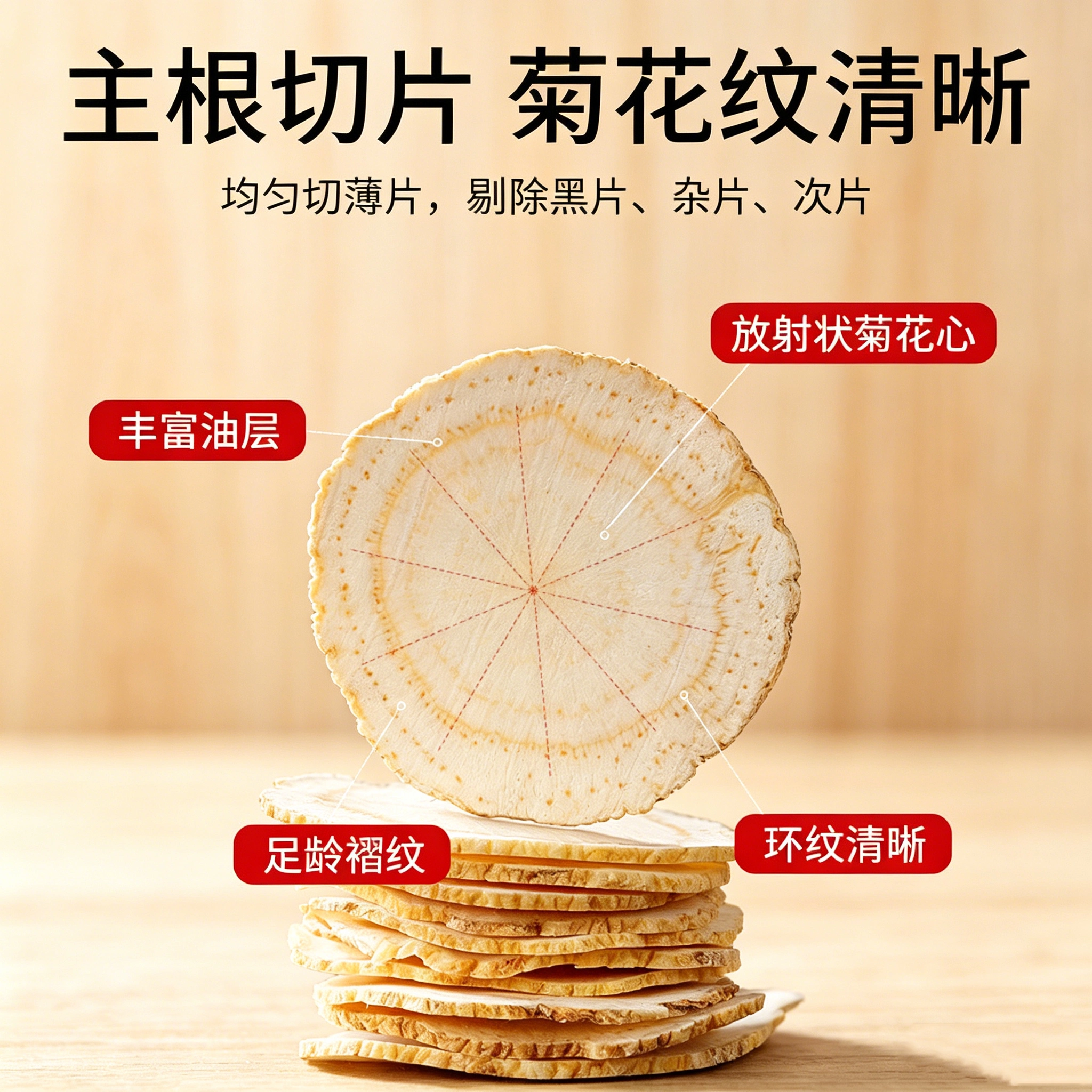 西洋参片断面纹理近景